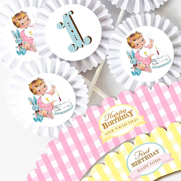 Vintage 1st Birthday Girl Cupcake Kit (Fair)