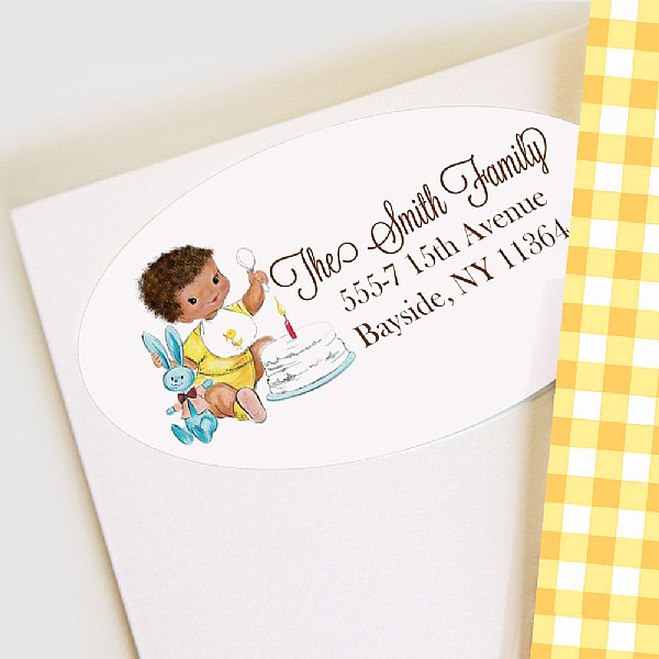 Vintage 1st Birthday Boy Address Labels (Brown Skin tone)