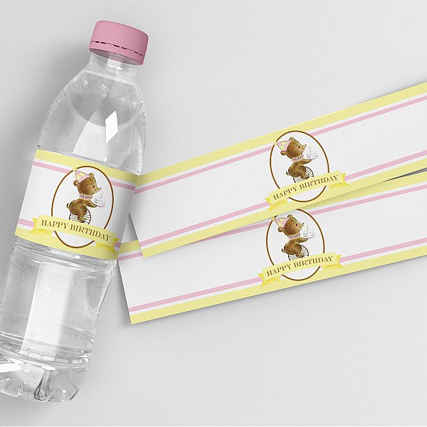 First Birthday Bear Girl Water Bottle Labels