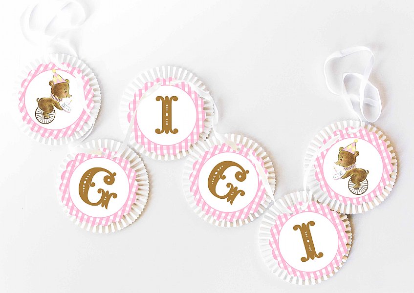 First Birthday Bear Rosette Banner (Pink)