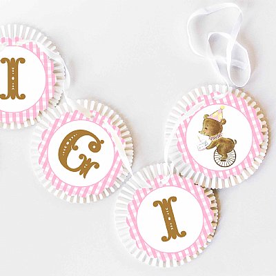 First Birthday Bear Rosette Banner (Pink)