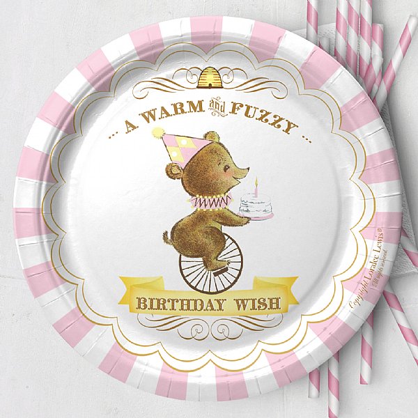 Birthday Bear Paper 9" Dinner Plates (Pink)