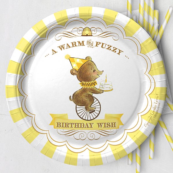 Birthday Bear Paper 9" Dinner Plates (Yellow)
