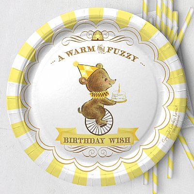 Birthday Bear Paper 9" Dinner Plates (Yellow)