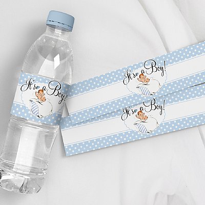 Bouncing Baby Boy Water Bottle Labels (White Skin Baby)