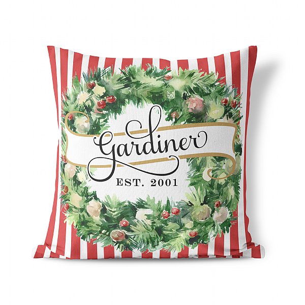 Personalized Christmas Stripe Wreath Pillow