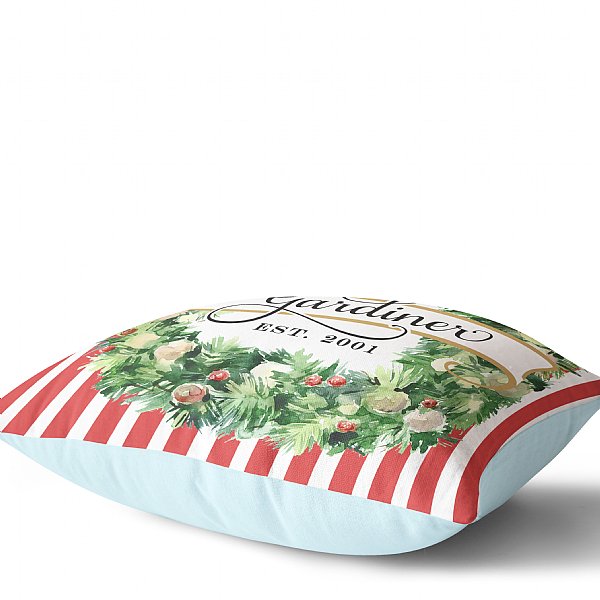 Personalized Christmas Stripe Wreath Pillow