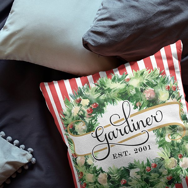 Personalized Christmas Stripe Wreath Pillow