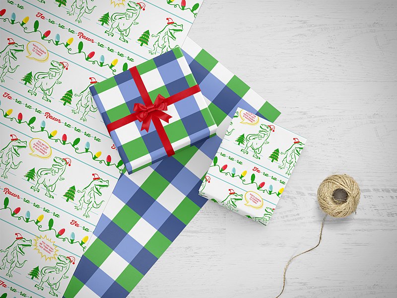 Blue Green Check Coordinating Dino Santa Gift Wrap