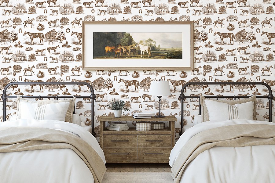 Horse Equestrian Toile Wallpaper (Off White)