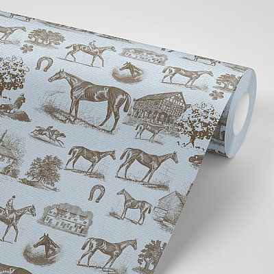 Horse Equestrian Toile Wallpaper (Blue)