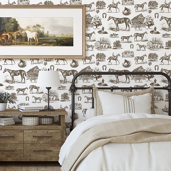 Horse Equestrian Toile Wallpaper (Off White)