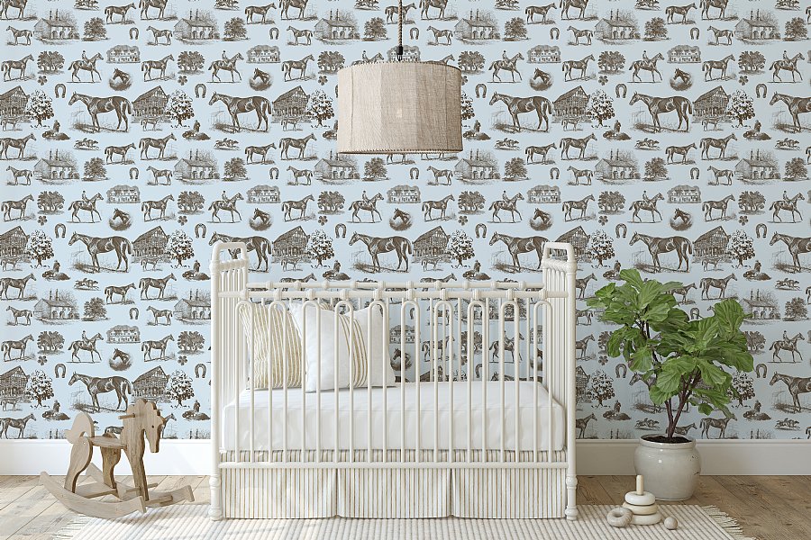 Horse Equestrian Toile Wallpaper (Blue)