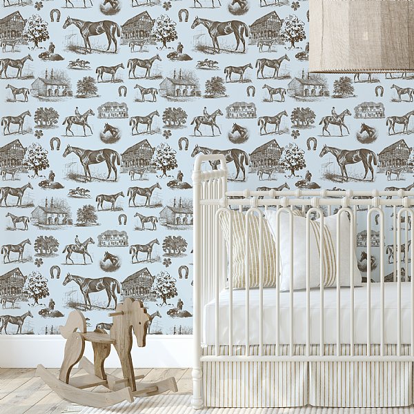 Horse Equestrian Toile Wallpaper (Blue)