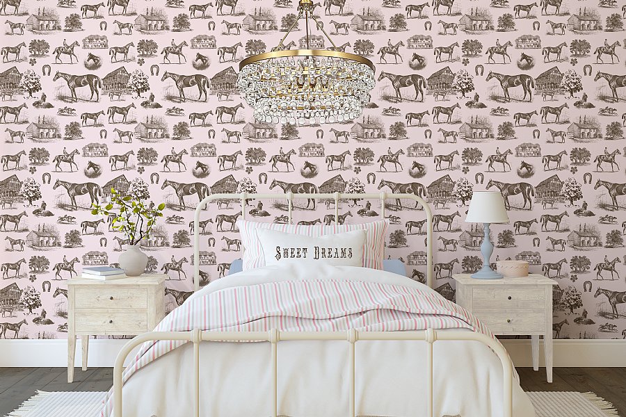 Horse Equestrian Toile Wallpaper (Pink)