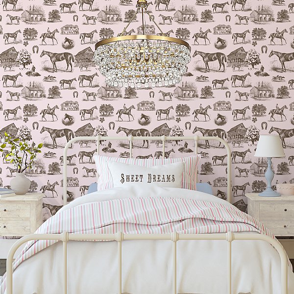 Horse Equestrian Toile Wallpaper (Pink)