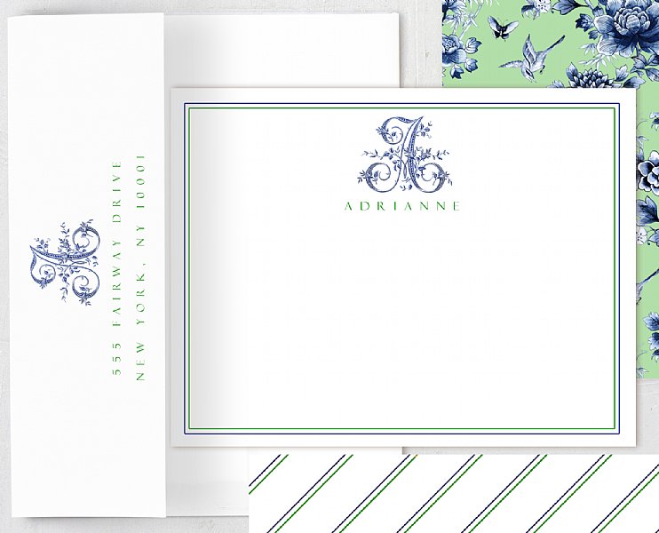 French Monogram Stationery Set (Blue & Green)