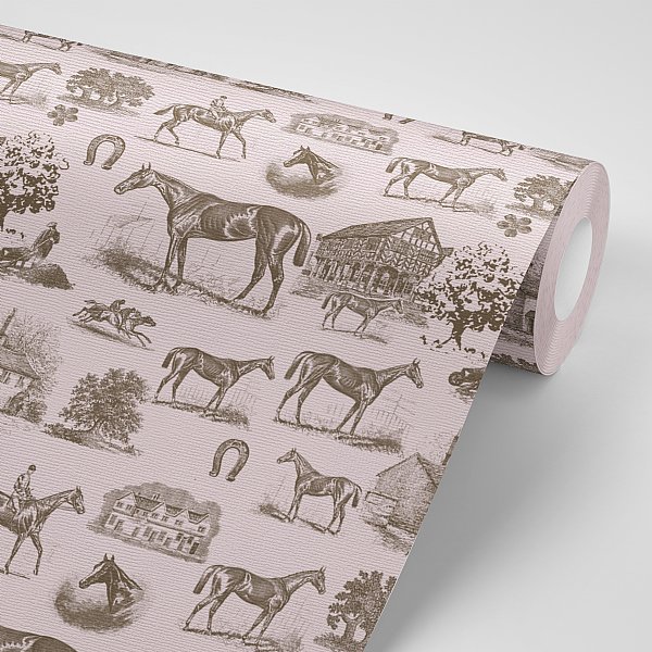 Horse Equestrian Toile Wallpaper (Pink)