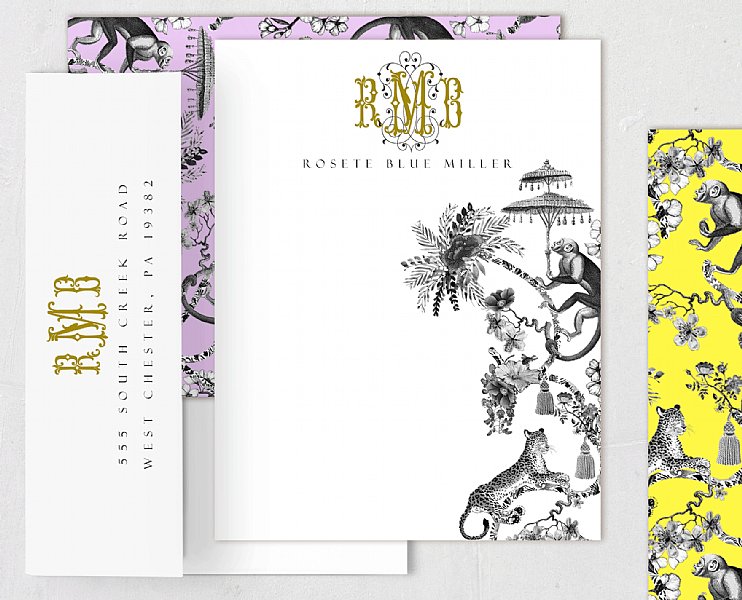 Jungle Chinoiserie Monogram Stationery Set (Yellow, Purple)