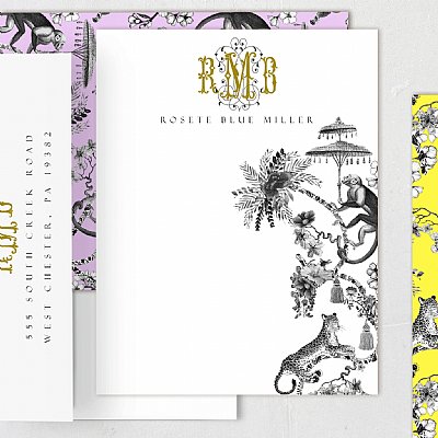 Jungle Chinoiserie Monogram Stationery Set (Yellow, Purple)