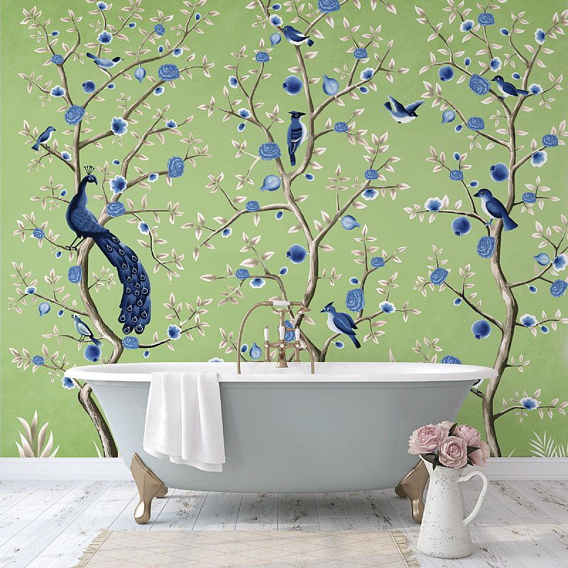 Birds of Happiness Chinoiserie Mural Wallpaper Green