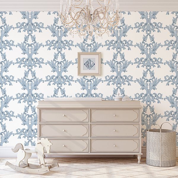 Madame de Pompadour Wallpaper in Blue on White