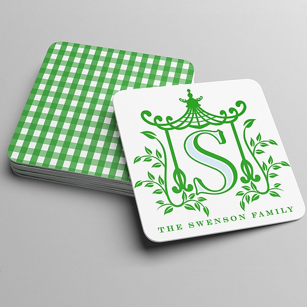 Pagoda Monogram Coasters (Green & Blue)