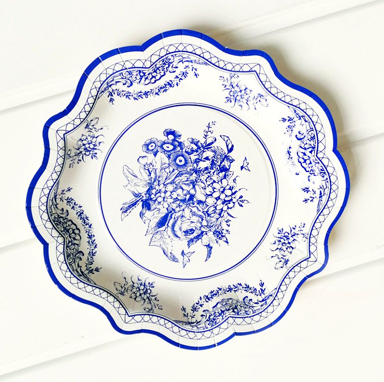 White & Blue Toile Paper Dessert Plates