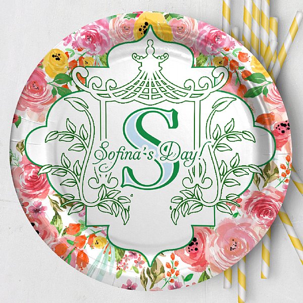 Personalized Pagoda Floral Paper 9" Dinner Plates