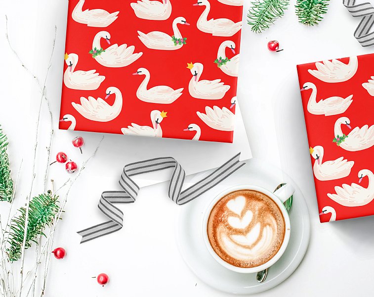 Christmas Seven Swans Swimming Red Gift Wrap