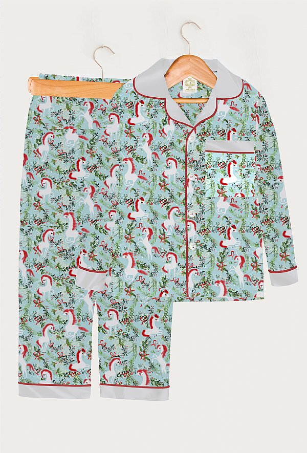 Satin PJ Set in Magical Unicorn Christmas