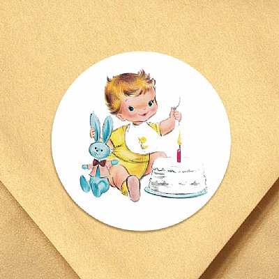 Vintage First Birthday Boy (Fair Tone) Circle Stickers