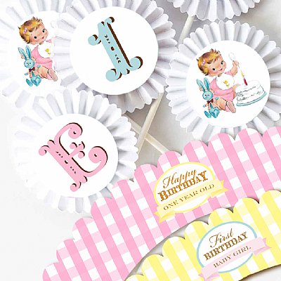 Vintage 1st Birthday Girl Cupcake Kit (Fair)