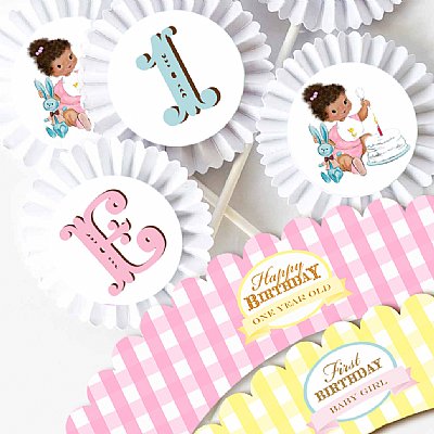 Vintage 1st Birthday Girl Cupcake Kit (Brown )