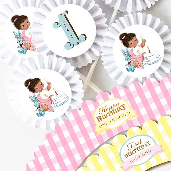 Vintage 1st Birthday Girl Cupcake Kit (Brown )