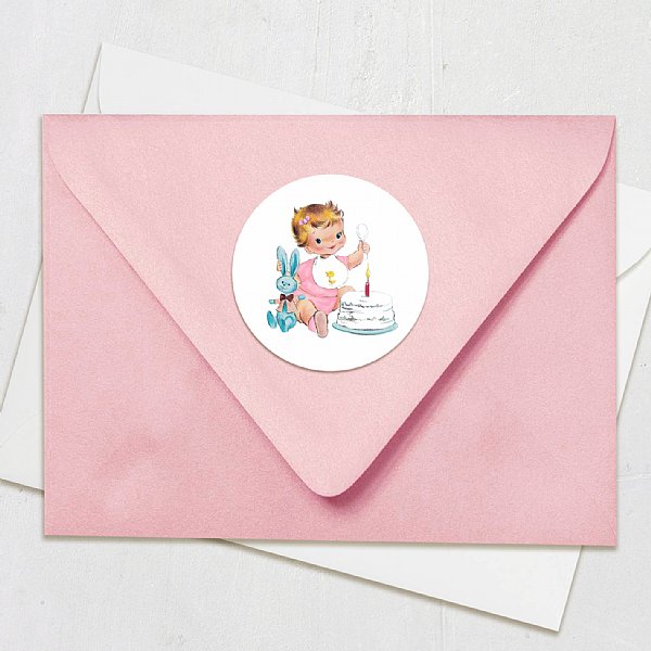 Vintage First Birthday Girl (Fair) Circle Stickers 