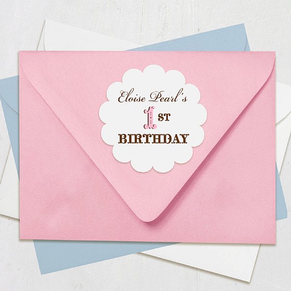 Vintage First Birthday Girl Scallop Circle Stickers