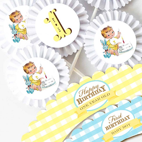 Vintage 1st Birthday Boy Cupcake Kit (Fair Skin)