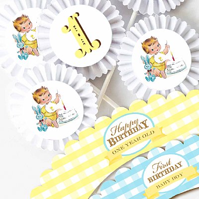 Vintage 1st Birthday Boy Cupcake Kit (Fair Skin)