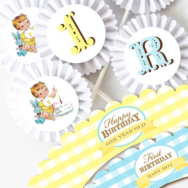 Vintage 1st Birthday Boy Cupcake Kit (Brown Skin)