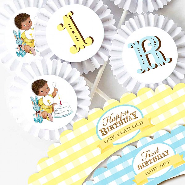 Vintage 1st Birthday Boy Cupcake Kit (Brown Skin)