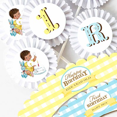 Vintage 1st Birthday Boy Cupcake Kit (Brown Skin)