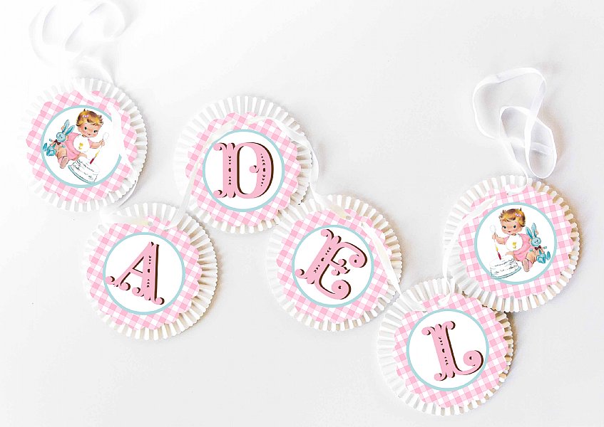 Vintage First Birthday Girl Rosette Banner