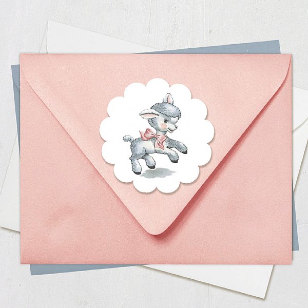 Vintage Little Lamb (Pink) Scallop Round Stickers