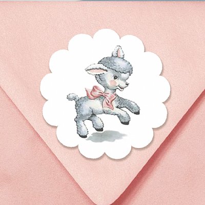 Vintage Little Lamb (Pink) Scallop Round Stickers