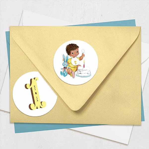 Vintage First Birthday Boy (Brown Tone) Circle Stickers