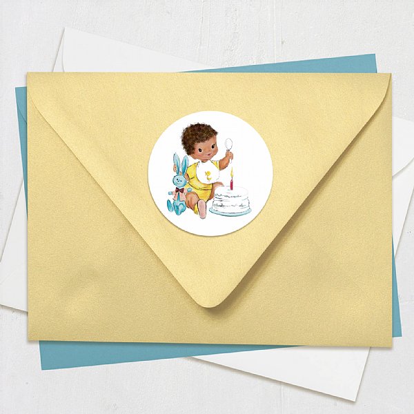 Vintage First Birthday Boy (Brown Tone) Circle Stickers