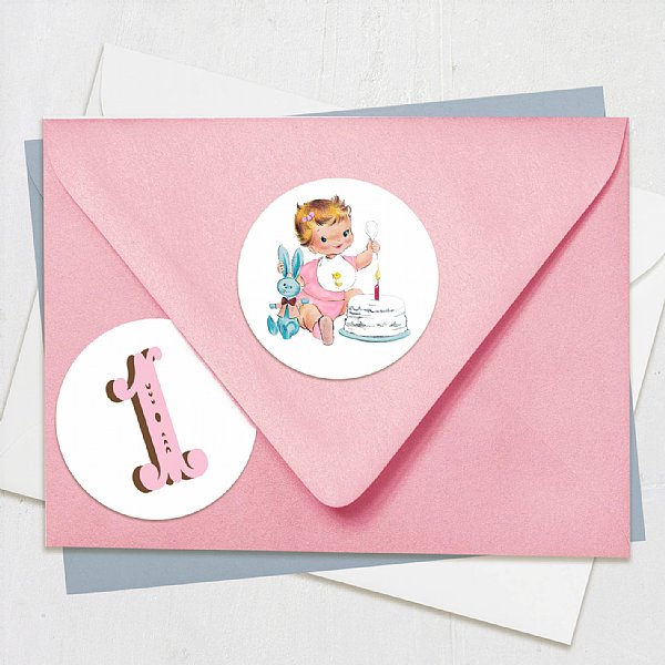 Vintage First Birthday Girl (Fair) Circle Stickers 