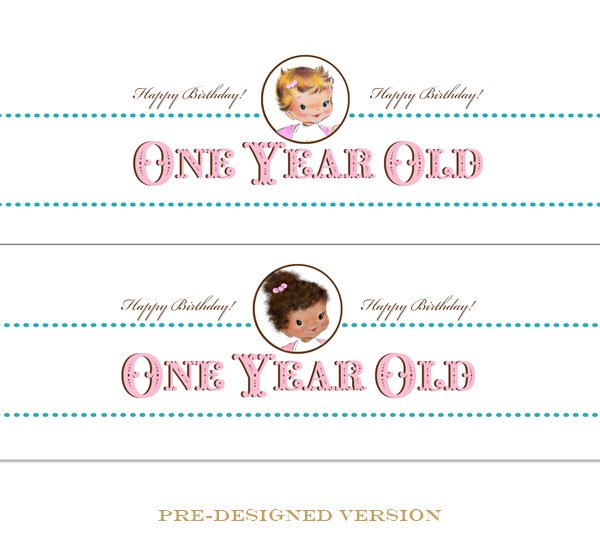 Vintage First Birthday Girl Water Bottle Labels