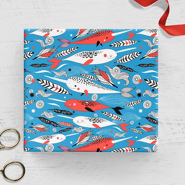 Narwhals Gift Wrap (Blue & Red)